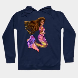 Best mermaid gifts 2022. Mermaid  with rainbow coloured colored fins, braids, outstretched  arm, brown eyes, Curly hair  and caramel brown skin - light background Hoodie